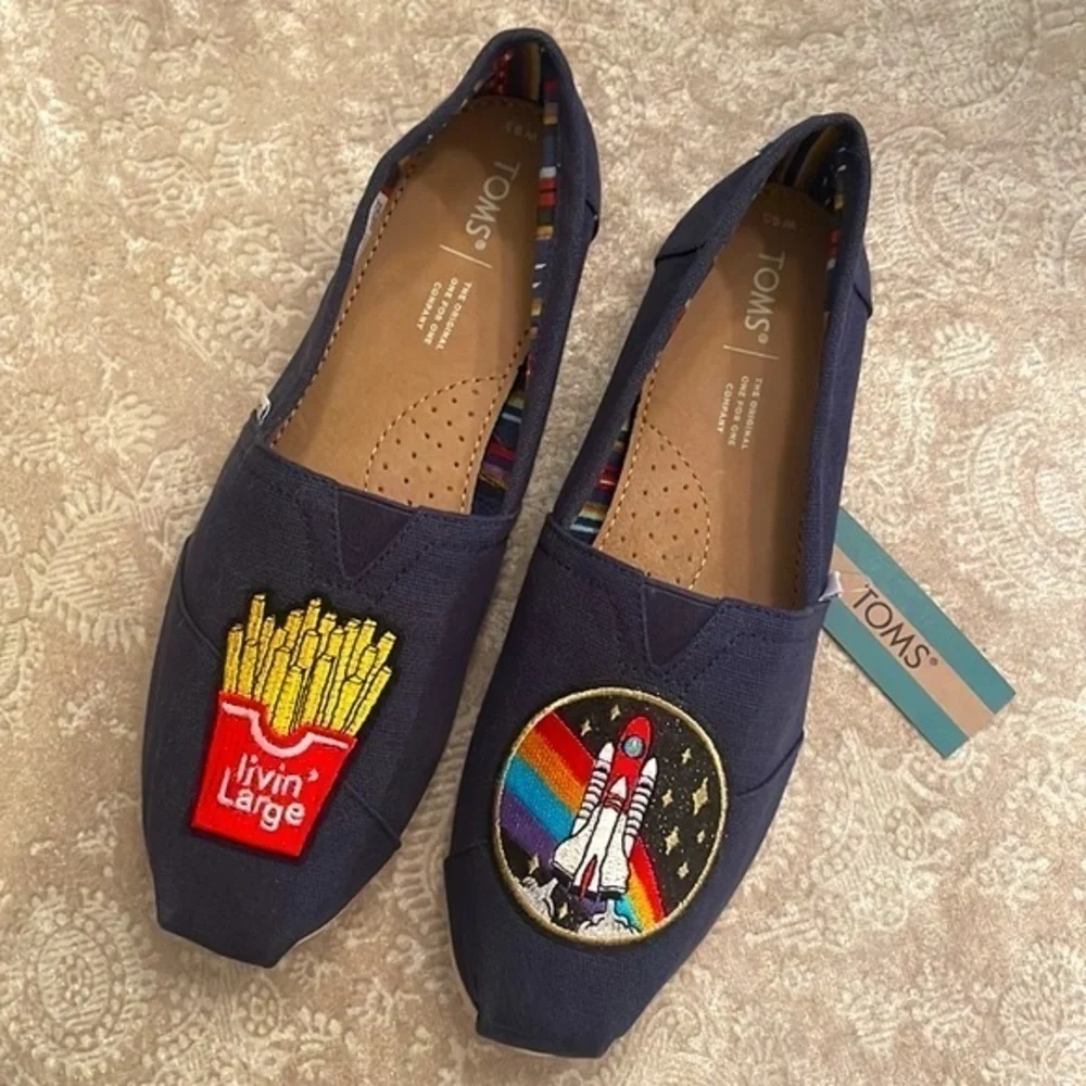 Brand New Toms Navy Blue Custom Slip On Shoes Fries Living Large Spaceship NASA